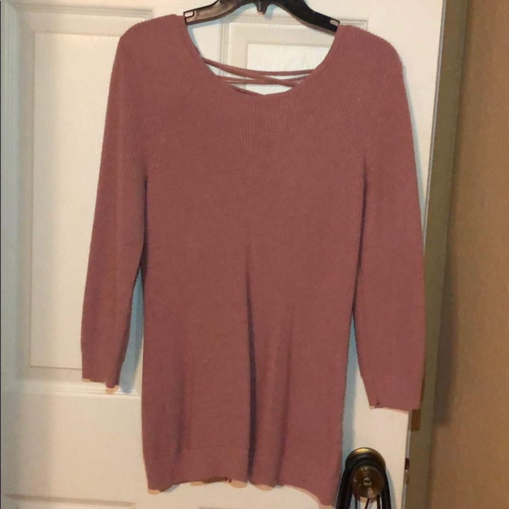 Pink long sleeve scoop neck sweater lace- up back
